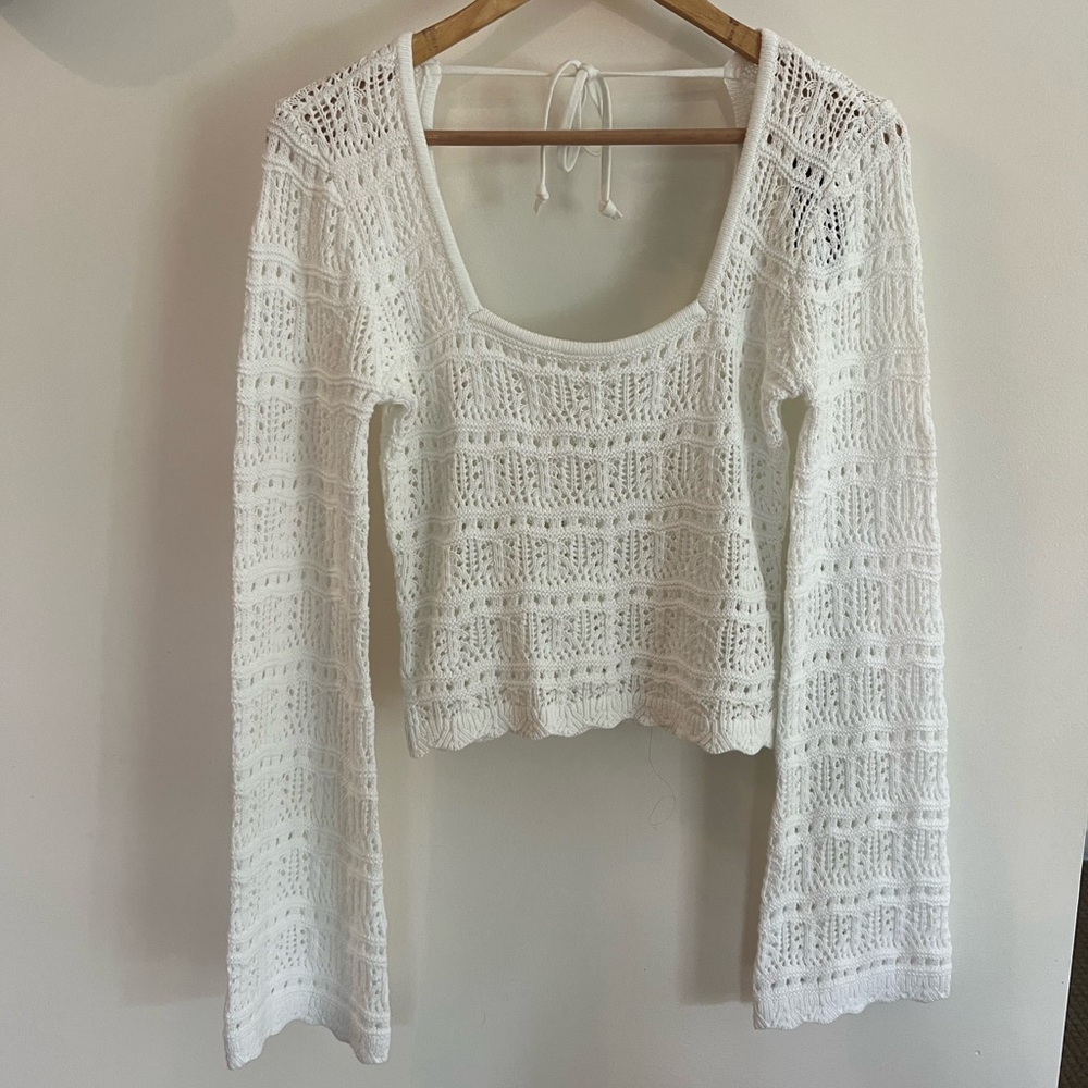 Long-Sleeve Square-Neck Crochet-Style Sweater
